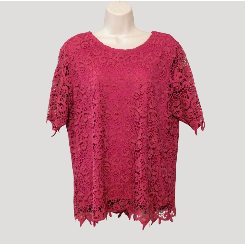 Philosophy Lace Overlay Top XL Cactus Flower Dark Pink Floral Short Sleeve Lined
